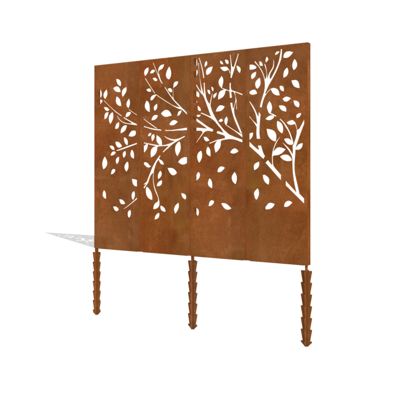 Täydellinen sarja corten-teräspaneelipuuta 240 x 6 x 190 cm.