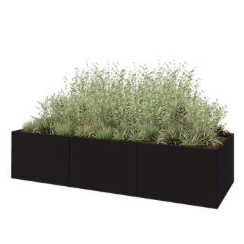 Teräksinen istutuslaatikko XXL - Suorakaiteen muotoiset - 360 x 120 x 80 cm - RAL9005 matta (musta) - Ilman pohjalevyä