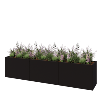 Teräksinen istutuslaatikko XXL - Suorakaiteen muotoiset - 360 x 60 x 80 cm - RAL9005 matta (musta) - Ilman pohjalevyä