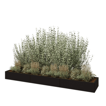 Teräksinen istutuslaatikko XXL - Suorakaiteen muotoiset - 360 x 60 x 30 cm - RAL9005 matta (musta) - Ilman pohjalevyä