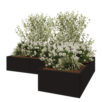 Teräksinen istutuslaatikko - L-muotoinen - 300 x 200 x 50 cm - RAL9005 matta (musta) - Ilman pohjalevyä