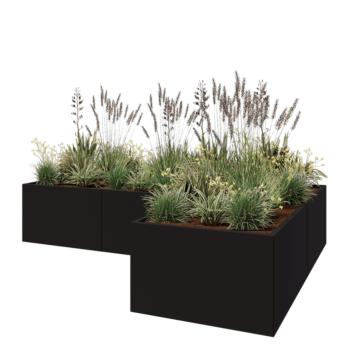 Teräksinen istutuslaatikko - L-muotoinen - 300 x 200 x 60 cm - RAL9005 matta (musta) - Pohjalevyllä