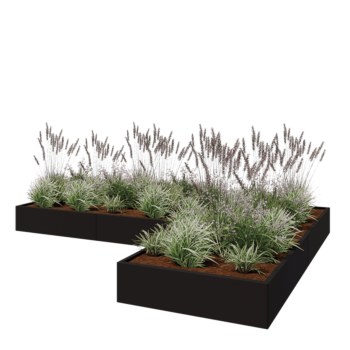 Teräksinen istutuslaatikko - L-muotoinen - 360 x 240 x 30 cm - RAL9005 matta (musta) - Pohjalevyllä