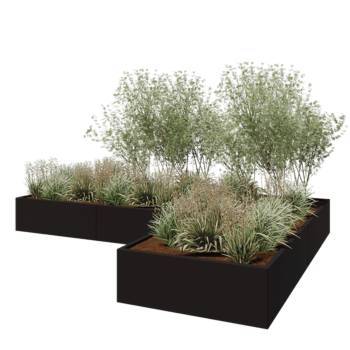 Teräksinen istutuslaatikko - L-muotoinen - 360 x 240 x 40 cm - RAL9005 matta (musta) - Ilman pohjalevyä