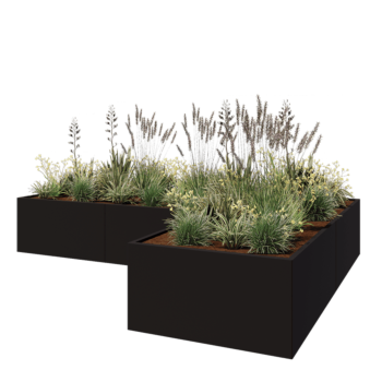 Teräksinen istutuslaatikko - L-muotoinen - 360 x 240 x 60 cm - RAL9005 matta (musta) - Ilman pohjalevyä
