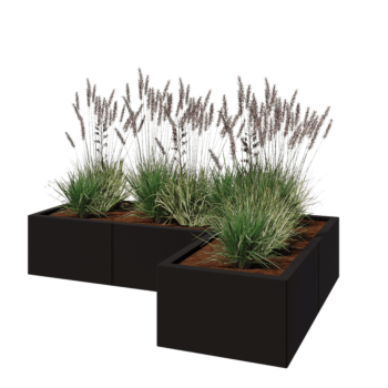 Teräksinen istutuslaatikko - L-muotoinen - 150 x 100 x 30 cm - RAL9005 matta (musta) - Ilman pohjalevyä