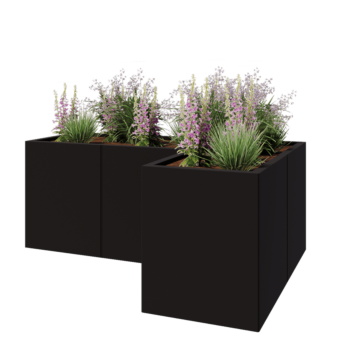 Teräksinen istutuslaatikko - L-muotoinen - 150 x 100 x 60 cm - RAL9005 matta (musta) - Pohjalevyllä