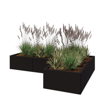 Teräksinen istutuslaatikko - L-muotoinen - 180 x 120 x 30 cm - RAL9005 matta (musta) - Ilman pohjalevyä