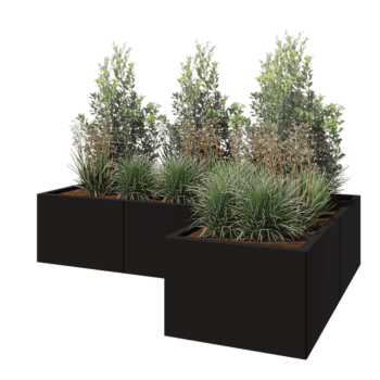 Teräksinen istutuslaatikko - L-muotoinen - 180 x 120 x 40 cm - RAL9005 matta (musta) - Ilman pohjalevyä