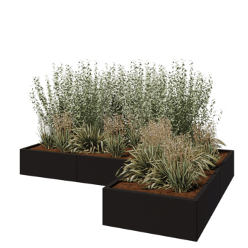 Teräksinen istutuslaatikko - L-muotoinen - 240 x 160 x 30 cm - RAL9005 matta (musta) - Ilman pohjalevyä
