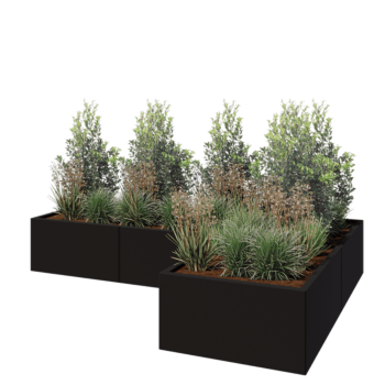 Teräksinen istutuslaatikko - L-muotoinen - 240 x 160 x 40 cm - RAL9005 matta (musta) - Pohjalevyllä