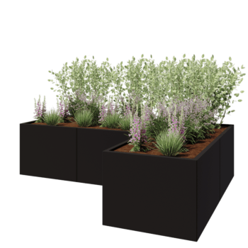 Teräksinen istutuslaatikko - L-muotoinen - 240 x 160 x 60 cm - RAL9005 matta (musta) - Ilman pohjalevyä