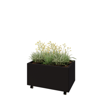 Teräksinen istutuslaatikko - Suorakaiteen muotoiset - 80 x 50 x 40 cm - RAL9005 matta (musta) - Pohjalevyllä - Pyörillä