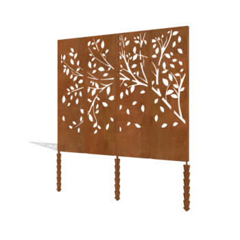 Täydellinen sarja corten-teräspaneelipuuta 240 x 6 x 190 cm.