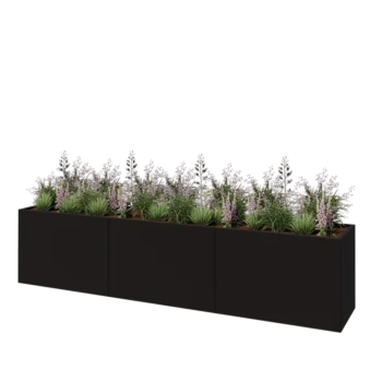 Teräksinen istutuslaatikko XXL - Suorakaiteen muotoiset - 360 x 60 x 80 cm - RAL9005 matta (musta) - Pohjalevyllä