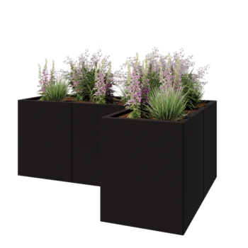 Teräksinen istutuslaatikko - L-muotoinen - 150 x 100 x 60 cm - RAL9005 matta (musta) - Pohjalevyllä