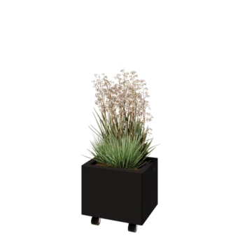 Teräksinen istutuslaatikko - Suorakaiteen muotoiset - 40 x 30 x 30 cm - RAL9005 matta (musta) - Pohjalevyllä - Pyörillä