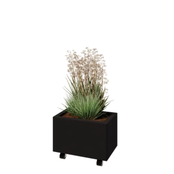 Teräksinen istutuslaatikko - Suorakaiteen muotoiset - 50 x 30 x 30 cm - RAL9005 matta (musta) - Pohjalevyllä - Pyörillä