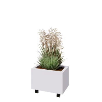 Teräksinen istutuslaatikko - Suorakaiteen muotoiset - 50 x 30 x 30 cm - RAL9010 matta (valkoinen) - Pohjalevyllä - Pyörillä