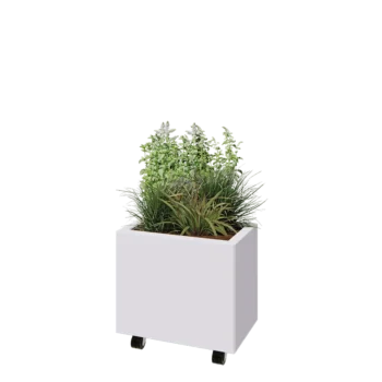 Teräksinen istutuslaatikko - Suorakaiteen muotoiset - 50 x 30 x 40 cm - RAL9010 matta (valkoinen) - Pohjalevyllä - Pyörillä