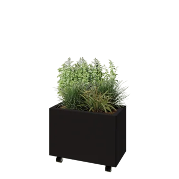 Teräksinen istutuslaatikko - Suorakaiteen muotoiset - 60 x 30 x 40 cm - RAL9005 matta (musta) - Pohjalevyllä - Pyörillä