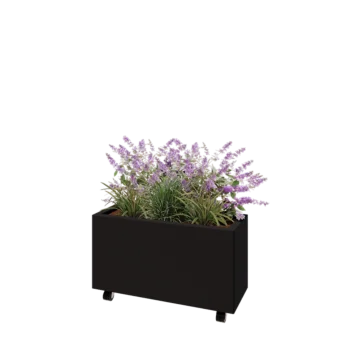 Teräksinen istutuslaatikko - Suorakaiteen muotoiset - 80 x 30 x 40 cm - RAL9005 matta (musta) - Pohjalevyllä - Pyörillä