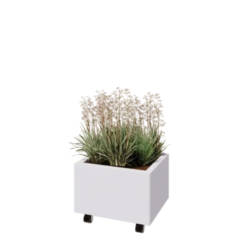 Teräksinen istutuslaatikko - Suorakaiteen muotoiset - 50 x 40 x 30 cm - RAL9010 matta (valkoinen) - Pohjalevyllä - Pyörillä