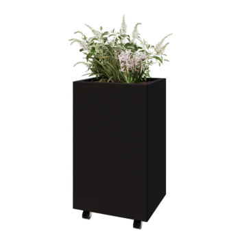 Teräksinen istutuslaatikko - Suorakaiteen muotoiset - 50 x 40 x 80 cm - RAL9005 matta (musta) - Pohjalevyllä - Pyörillä