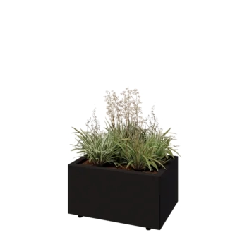 Teräksinen istutuslaatikko - Suorakaiteen muotoiset - 60 x 40 x 30 cm - RAL9005 matta (musta) - Pohjalevyllä - Jaloilla