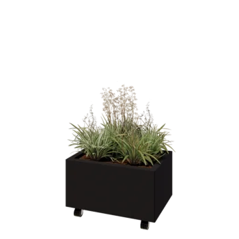 Teräksinen istutuslaatikko - Suorakaiteen muotoiset - 60 x 40 x 30 cm - RAL9005 matta (musta) - Pohjalevyllä - Pyörillä