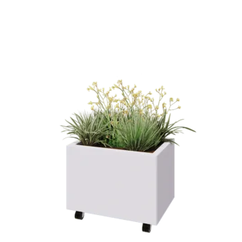 Teräksinen istutuslaatikko - Suorakaiteen muotoiset - 60 x 40 x 40 cm - RAL9010 matta (valkoinen) - Pohjalevyllä - Pyörillä