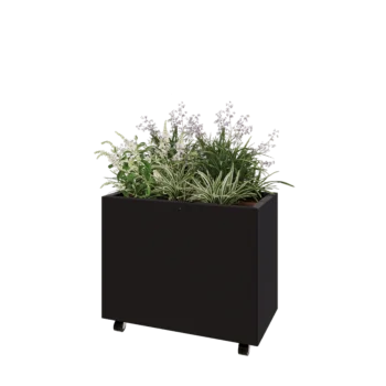 Teräksinen istutuslaatikko - Suorakaiteen muotoiset - 80 x 40 x 60 cm - RAL9005 matta (musta) - Pohjalevyllä - Pyörillä
