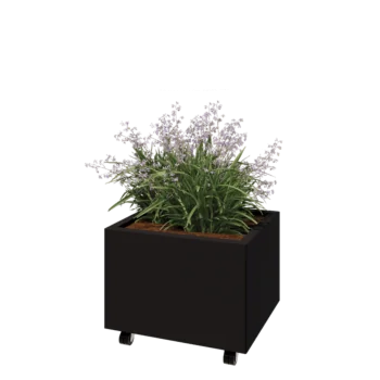 Teräksinen istutuslaatikko - Suorakaiteen muotoiset - 60 x 50 x 40 cm - RAL9005 matta (musta) - Pohjalevyllä - Pyörillä