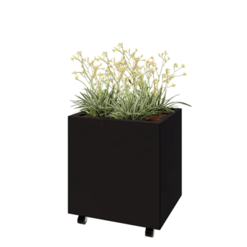 Teräksinen istutuslaatikko - Suorakaiteen muotoiset - 60 x 50 x 60 cm - RAL9005 matta (musta) - Pohjalevyllä - Pyörillä
