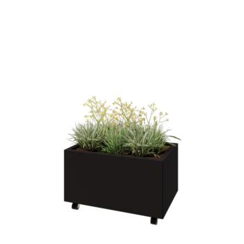 Teräksinen istutuslaatikko - Suorakaiteen muotoiset - 80 x 50 x 40 cm - RAL9005 matta (musta) - Pohjalevyllä - Pyörillä