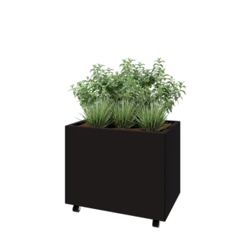 Teräksinen istutuslaatikko - Suorakaiteen muotoiset - 80 x 50 x 60 cm - RAL9005 matta (musta) - Pohjalevyllä - Pyörillä