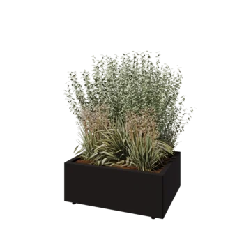 Teräksinen istutuslaatikko - Suorakaiteen muotoiset - 80 x 60 x 30 cm - RAL9005 matta (musta) - Pohjalevyllä - Jaloilla