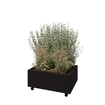 Teräksinen istutuslaatikko - Suorakaiteen muotoiset - 80 x 60 x 30 cm - RAL9005 matta (musta) - Pohjalevyllä - Pyörillä