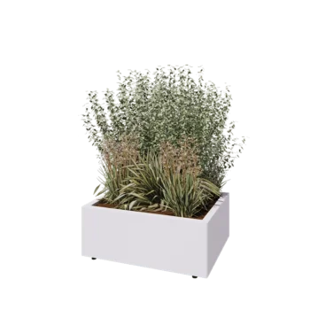 Teräksinen istutuslaatikko - Suorakaiteen muotoiset - 80 x 60 x 30 cm - RAL9010 matta (valkoinen) - Pohjalevyllä - Jaloilla