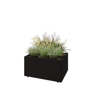 Teräksinen istutuslaatikko - Suorakaiteen muotoiset - 80 x 60 x 40 cm - RAL9005 matta (musta) - Pohjalevyllä - Jaloilla