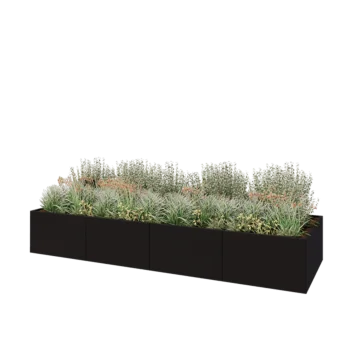 Teräksinen istutuslaatikko XXL - Suorakaiteen muotoiset - 400 x 120 x 60 cm - RAL9005 matta (musta) - Pohjalevyllä