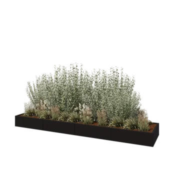 Teräksinen istutuslaatikko XXL - Suorakaiteen muotoiset - 400 x 80 x 30 cm - RAL9005 matta (musta) - Pohjalevyllä